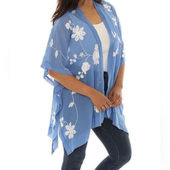 Fame Blue Sheer Boho Embroidered Floral Open Kimono Cardigan Cover Up One Size - Picture 1 of 8